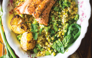 Charred Salmon with Lemon Herb Israeli Couscous and Fava Beans